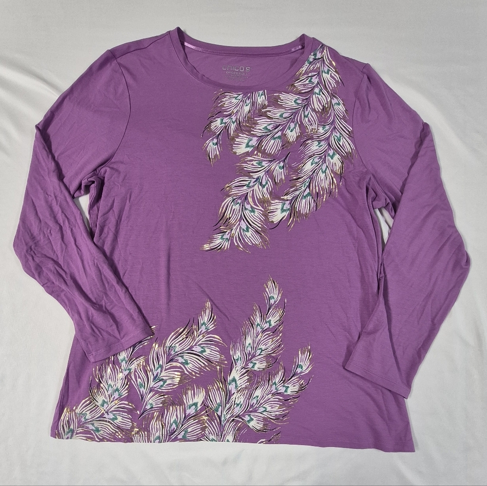 Chicos Foiled Touch of Cool Feather Print Long Sleeve Layering Tee Sz 3 XL - Picture 8 of 9